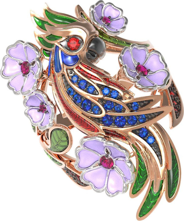 Кольцо из золота c эмалью, рубином и сапфиром