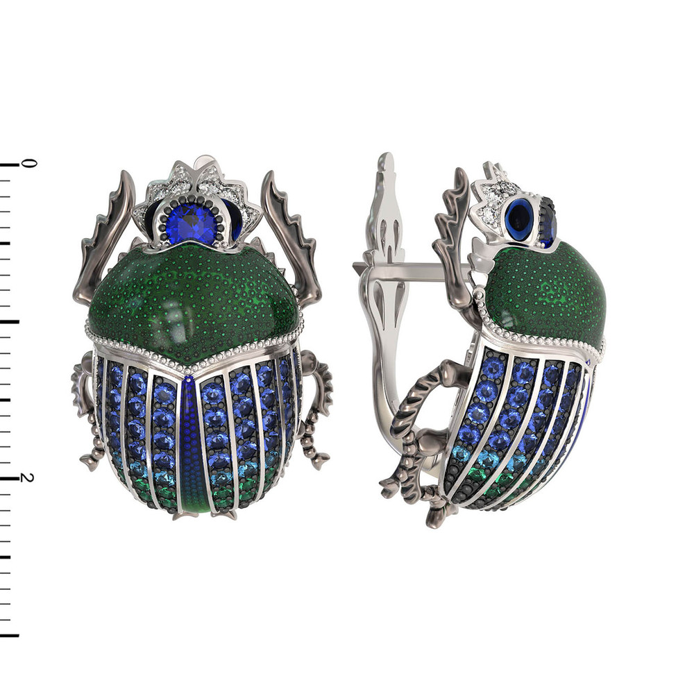 Серьги из белого золота c эмалью, фианитом и сапфиром