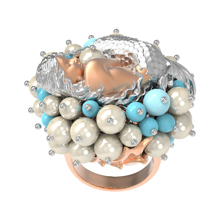 Кольцо из золота c жемчугом и бирюзой