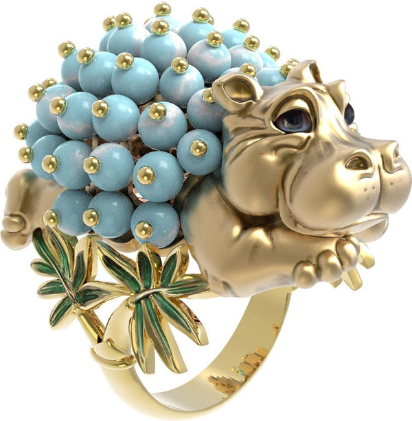 Кольцо из лимонного золота c эмалью и бирюзой