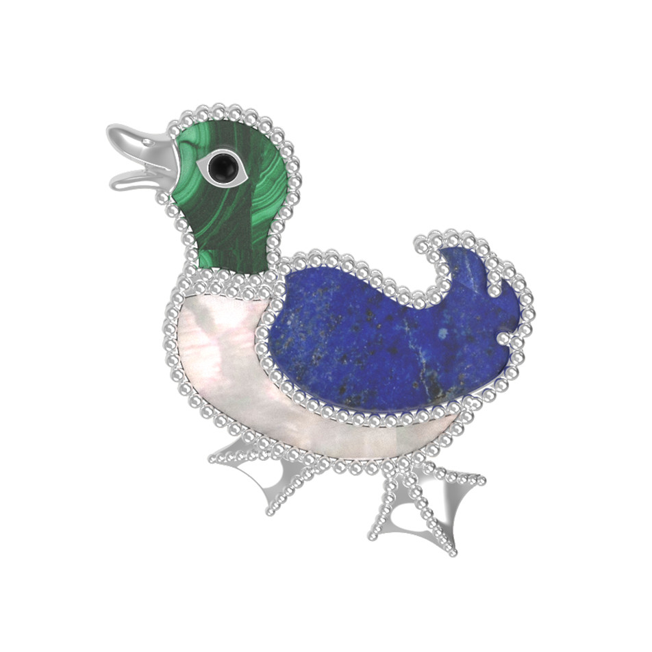 Брошь из белого золота c эмалью, лазуритом, малахитом и перламутром