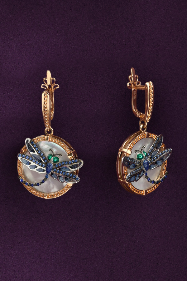 Серьги из золота c сапфиром, эмалью и перламутром