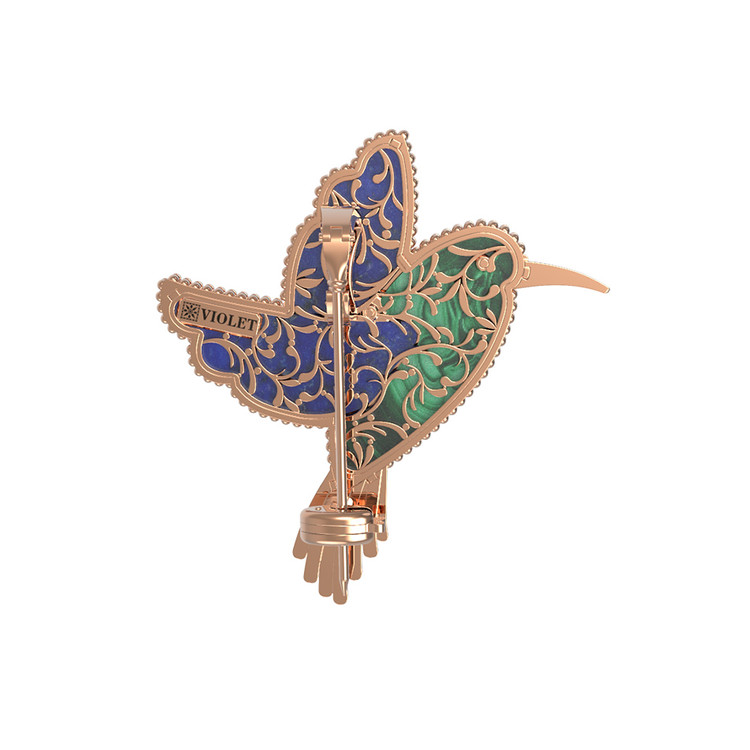 Брошь из золота c эмалью, лазуритом и малахитом