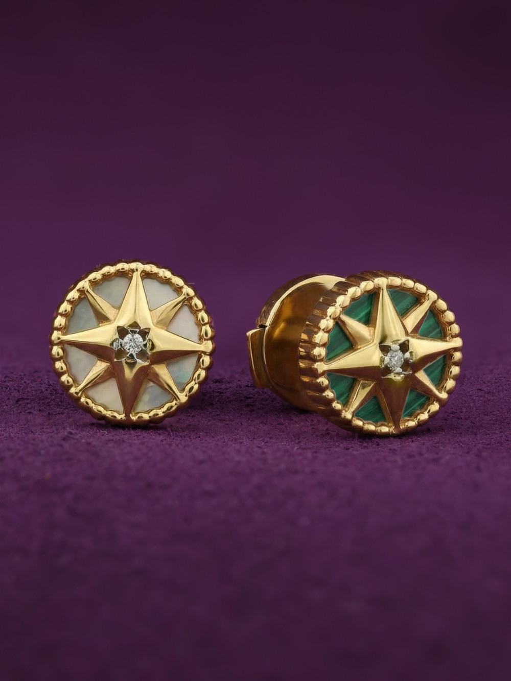 Серьги из лимонного золота c бриллиантами, малахитом и перламутром