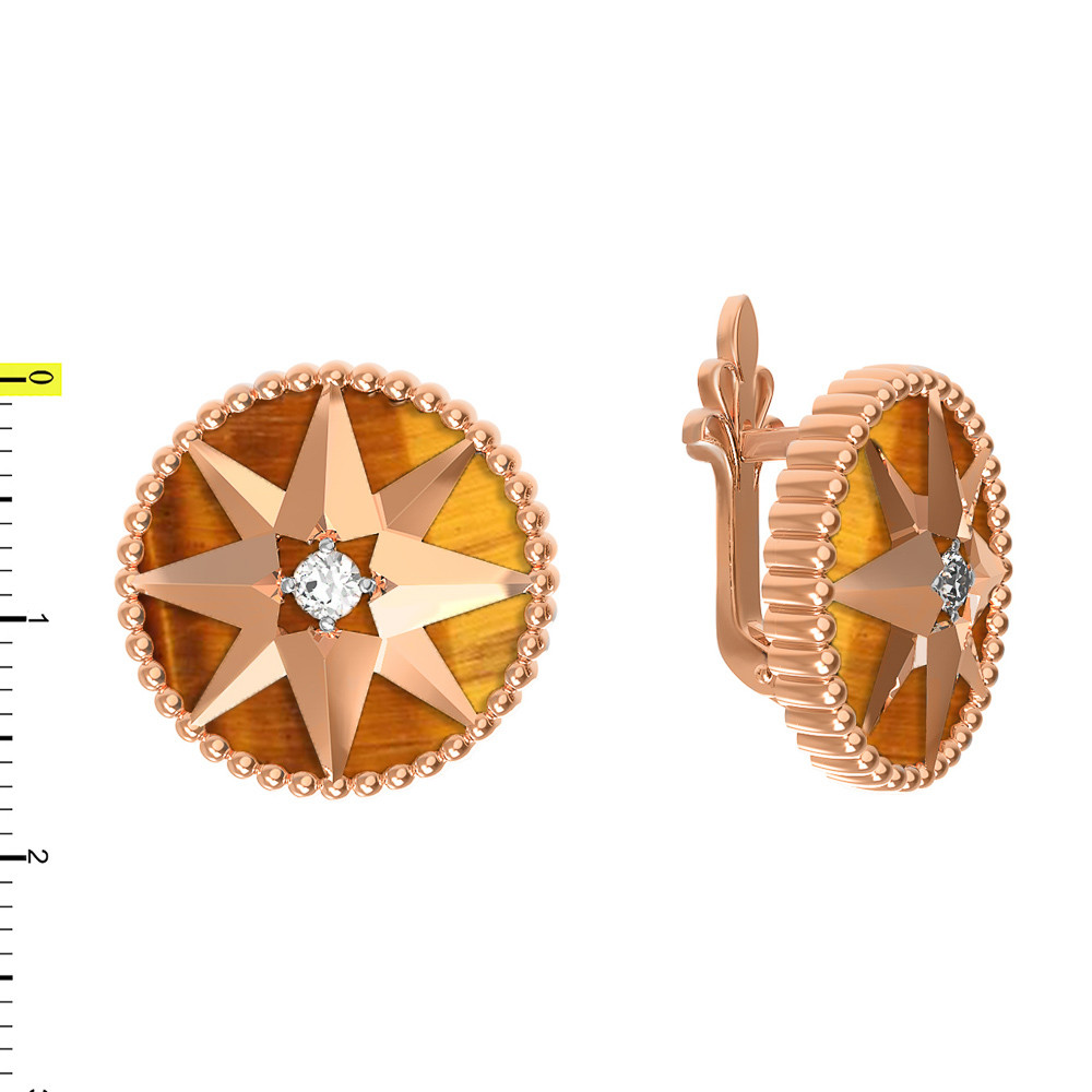 Серьги из золота c фианитом и тигровым глазом