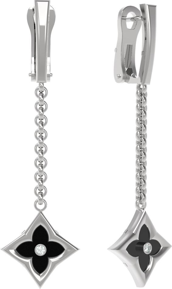 Серьги из белого золота c бриллиантами и ониксом