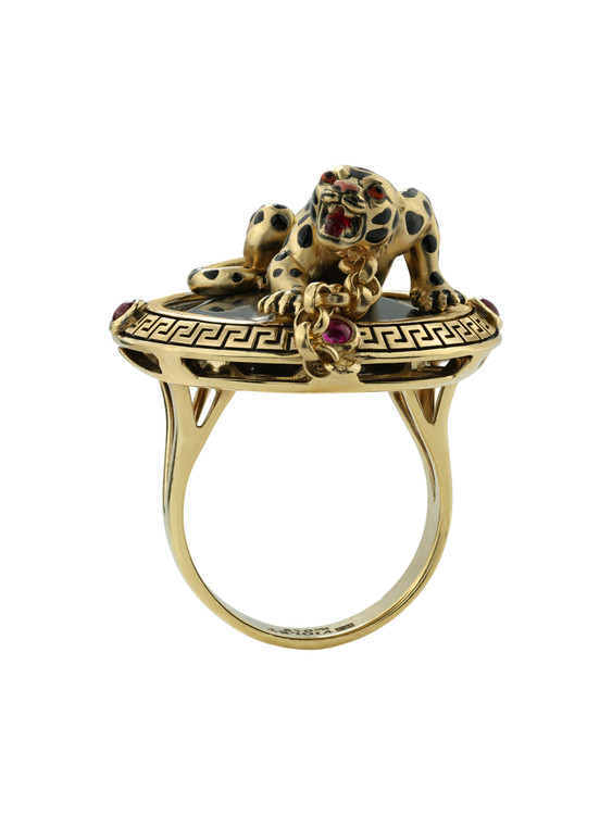 Кольцо из лимонного золота c эмалью, ониксом и рубином