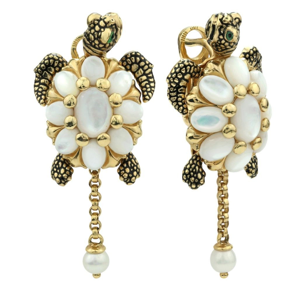 Серьги из лимонного золота c эмалью, жемчугом и перламутром