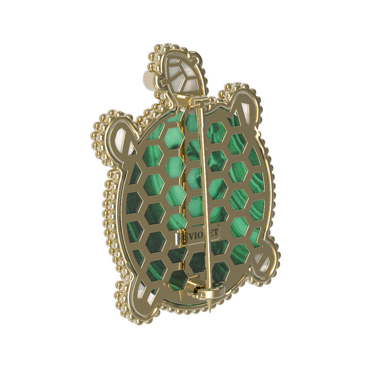 Брошь из лимонного золота c эмалью, малахитом и перламутром