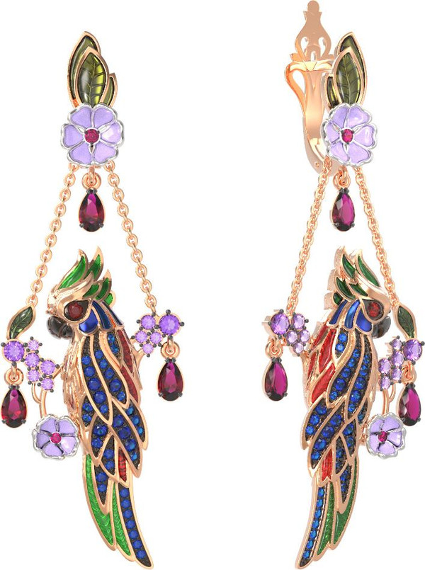 Серьги из золота c эмалью, аметистом, рубином, аметистом и сапфиром