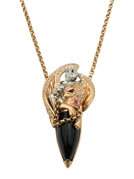 Колье из золота c эмалью, бриллиантами, рубином и ониксом