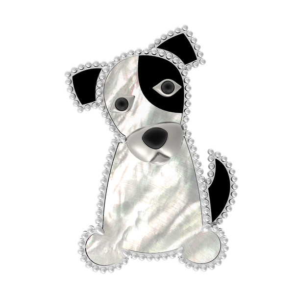 Брошь из белого золота c эмалью, ониксом и перламутром