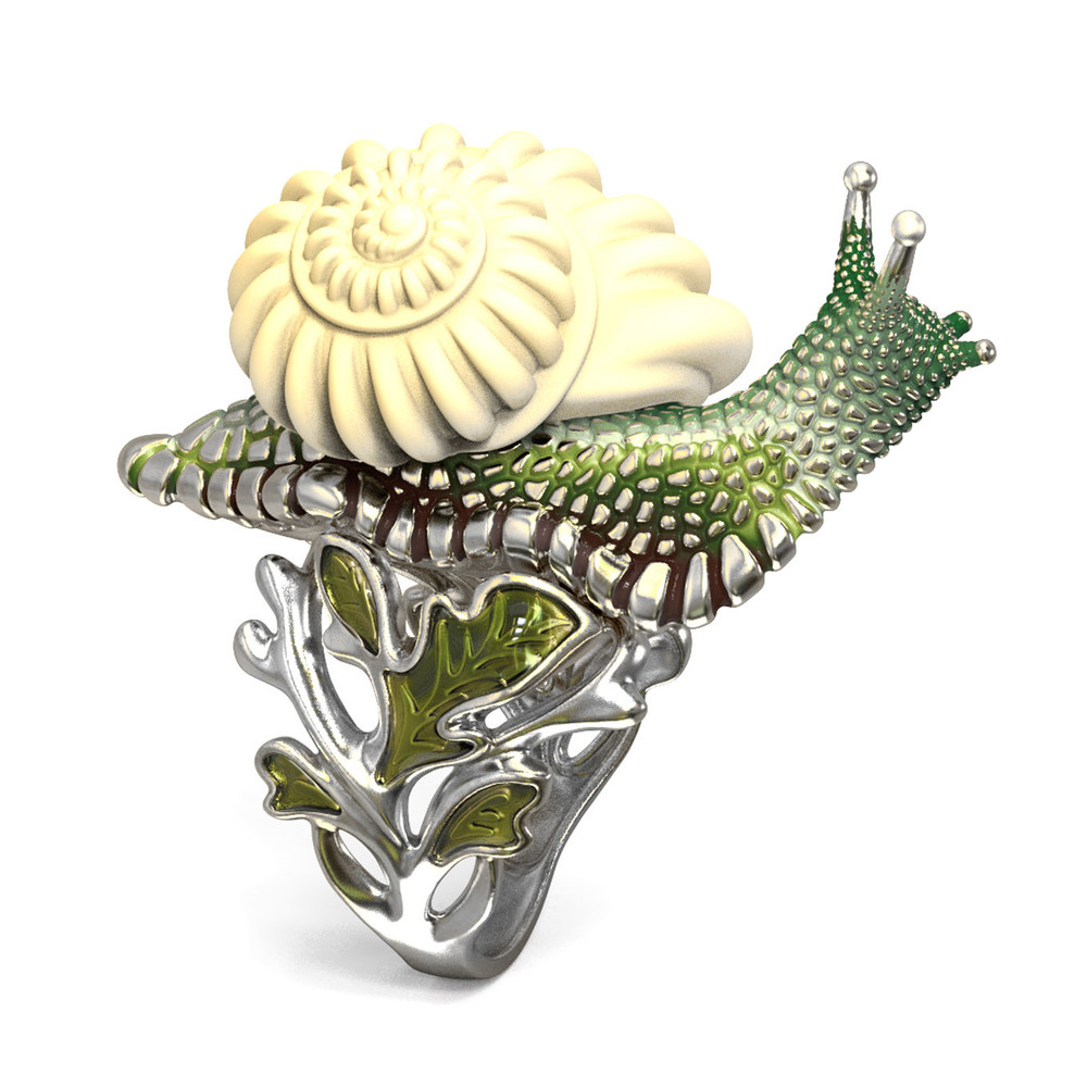 Кольцо из белого золота c эмалью и бивнем мамонта