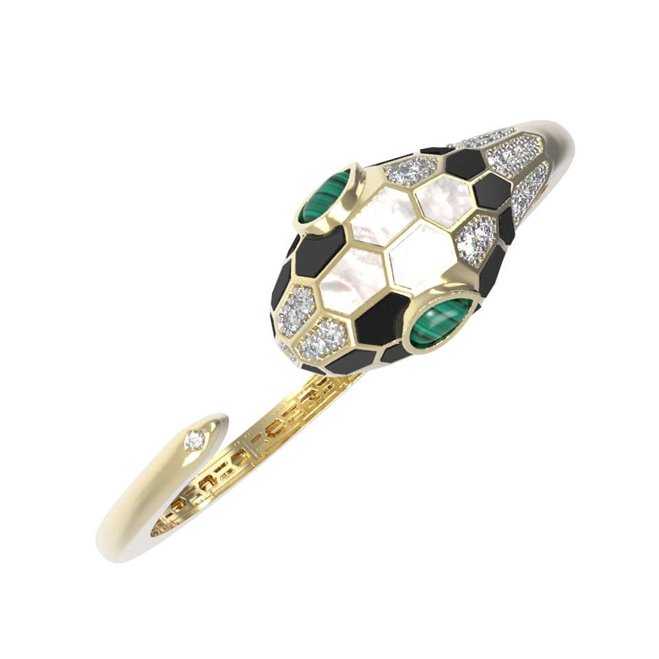 Браслет из лимонного золота c бриллиантами, рубином, ониксом, малахитом и перламутром