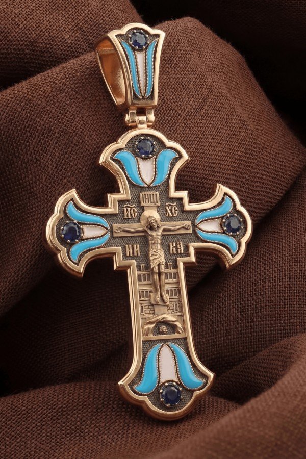 Крест из золота c эмалью и сапфиром