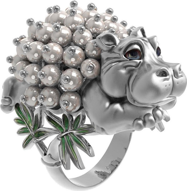 Кольцо из белого золота c эмалью и жемчугом