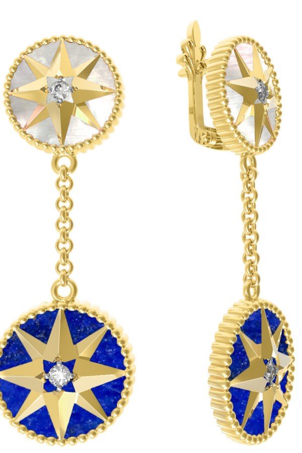 Серьги из лимонного золота c фианитом, лазуритом и перламутром