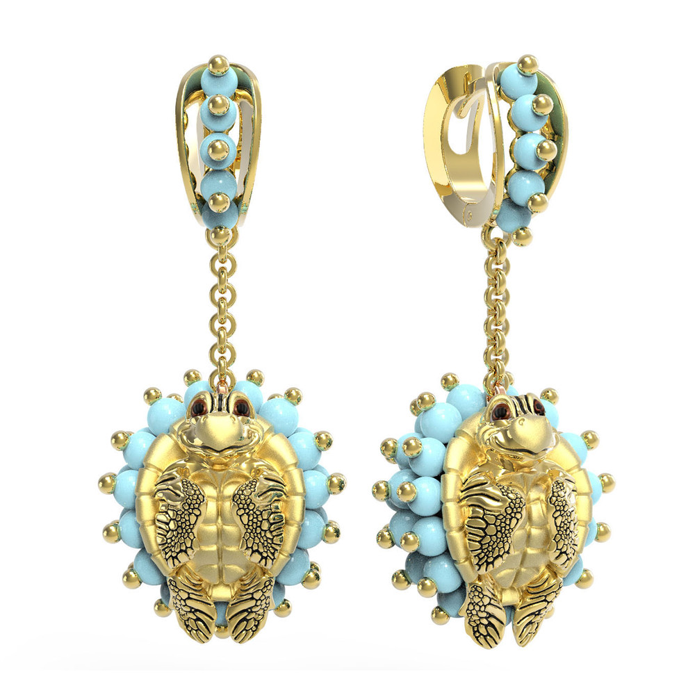 Серьги из лимонного золота c эмалью и бирюзой