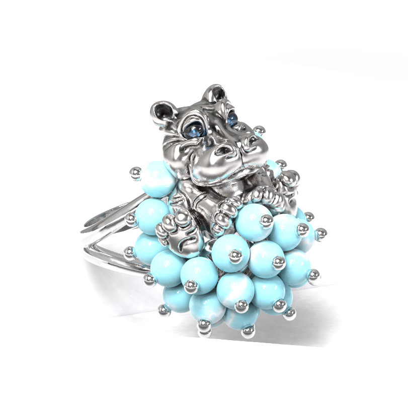 Кольцо из белого золота c эмалью и бирюзой