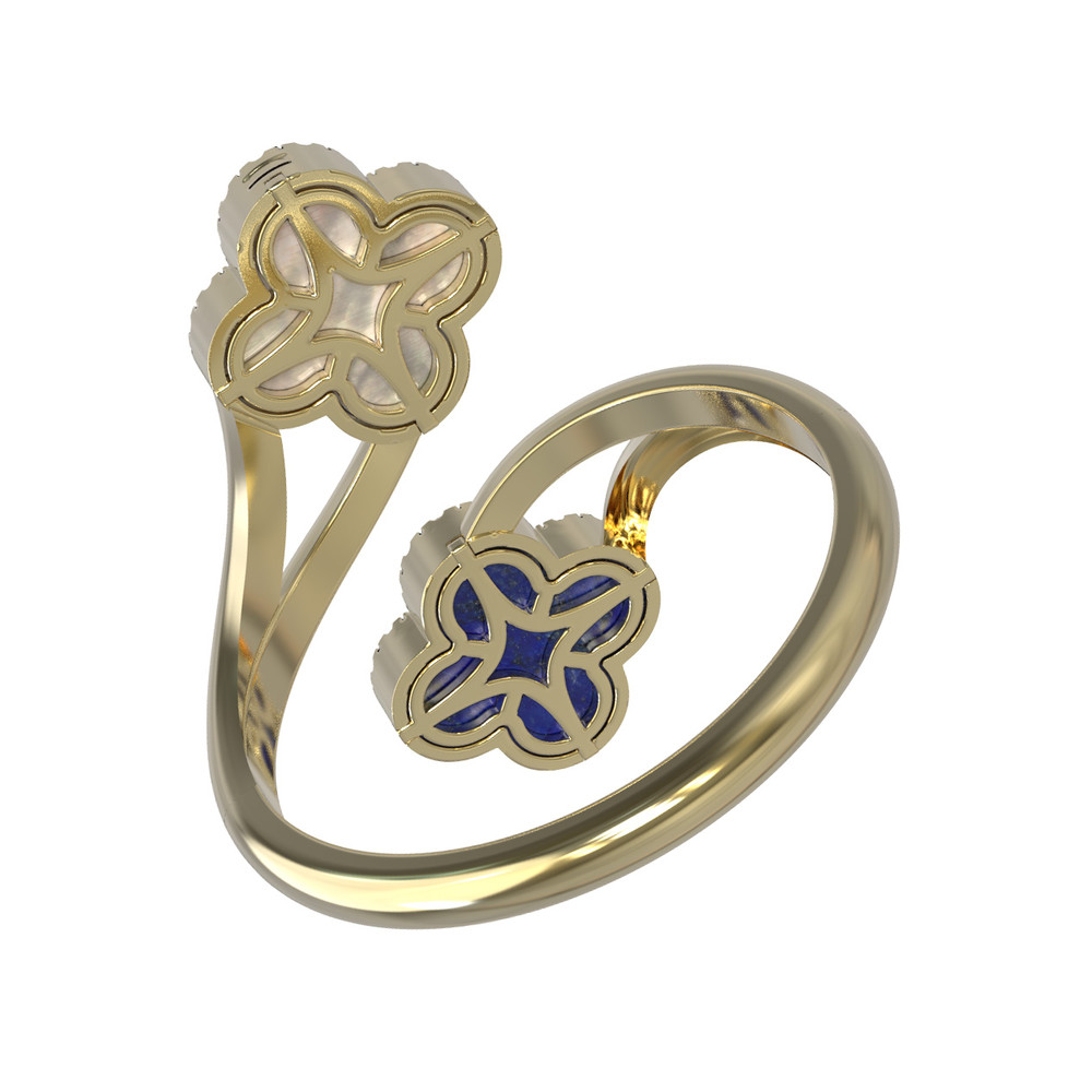 Кольцо из лимонного золота c бриллиантами, лазуритом и перламутром