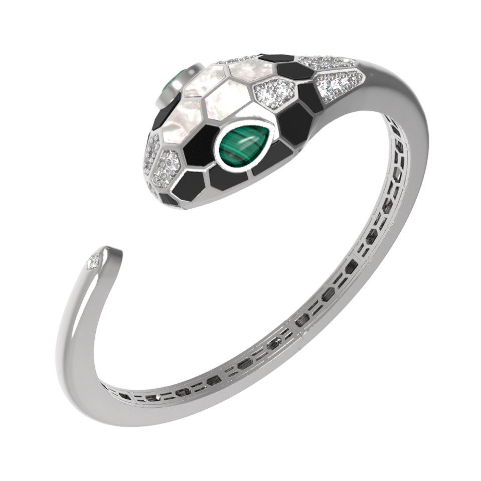 Браслет из белого золота c бриллиантами, рубином, ониксом, малахитом и перламутром