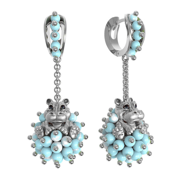 Серьги из белого золота c эмалью и бирюзой