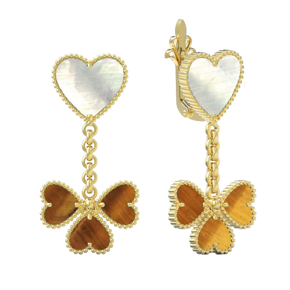 Серьги из лимонного золота c тигровым глазом и перламутром