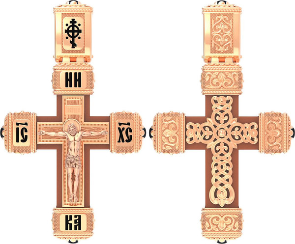 Крест из золота c эмалью, ониксом и деревом груши