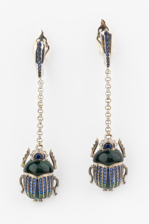 Серьги из белого золота c эмалью, фианитом и сапфиром