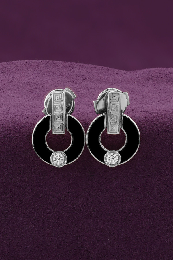 Серьги из белого золота c бриллиантами и ониксом