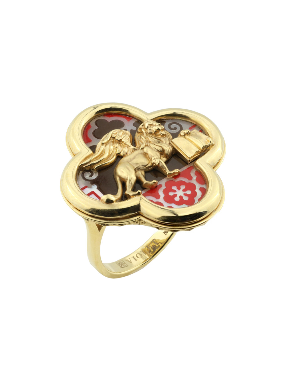 Кольцо из лимонного золота c эмалью и перламутром