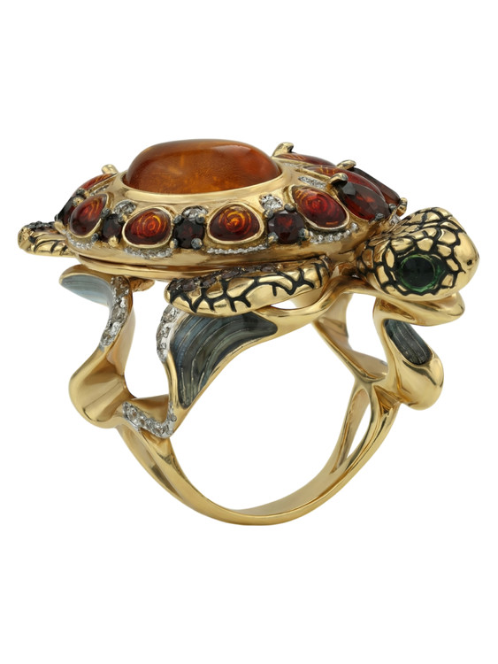 Кольцо из лимонного золота c эмалью, фианитом, гранатом и янтарём