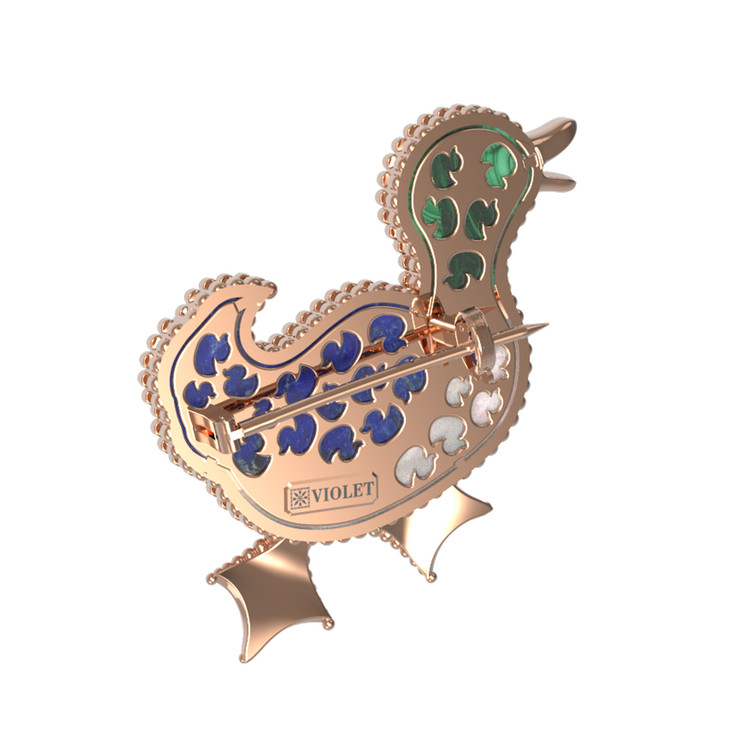 Брошь из золота c эмалью, лазуритом, малахитом и перламутром