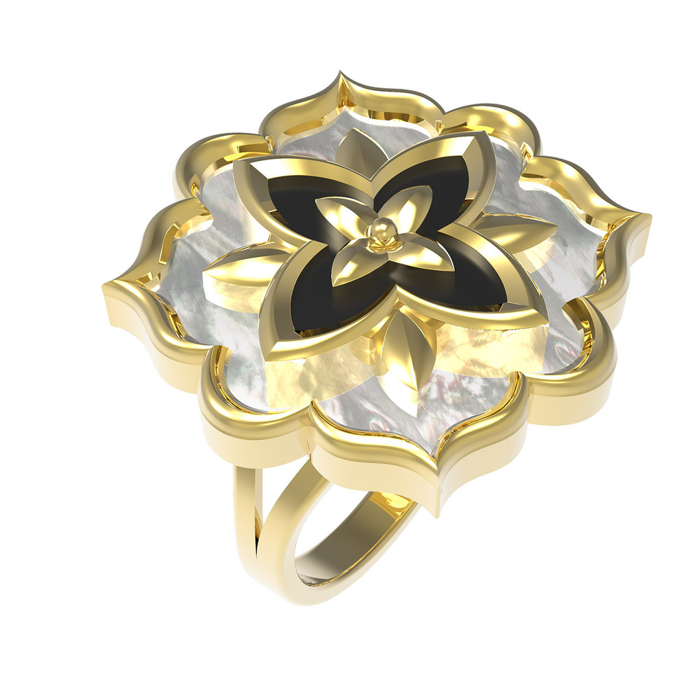 Кольцо из лимонного золота c ониксом и перламутром