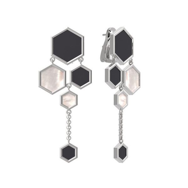 Серьги из белого золота c ониксом и перламутром