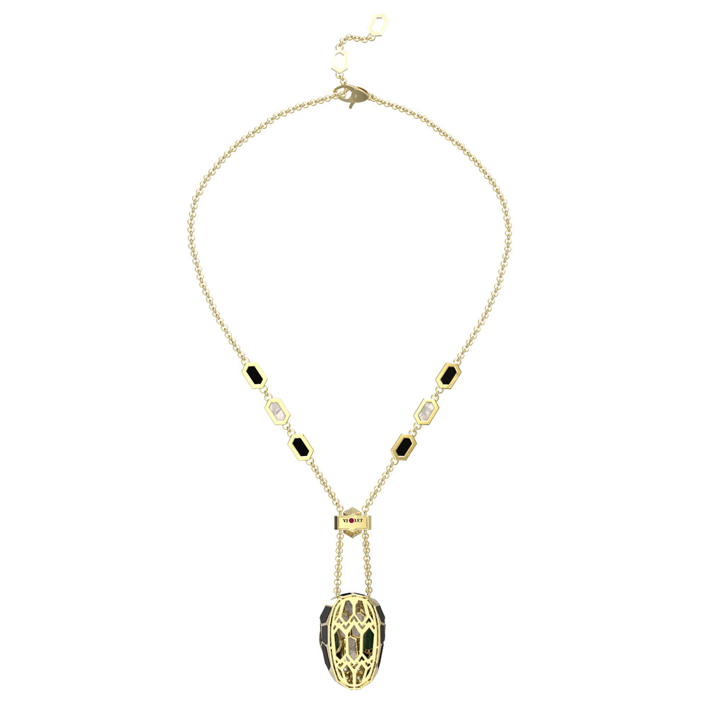 Колье из лимонного золота c бриллиантами, рубином, ониксом, малахитом и перламутром