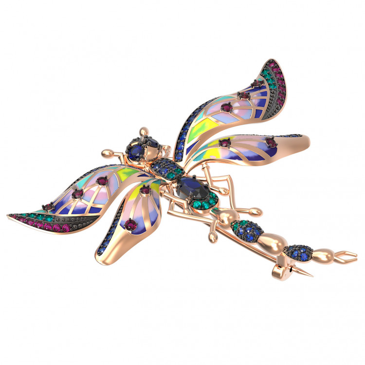 Брошь из золота c фианитом, рубином, сапфиром и эмалью