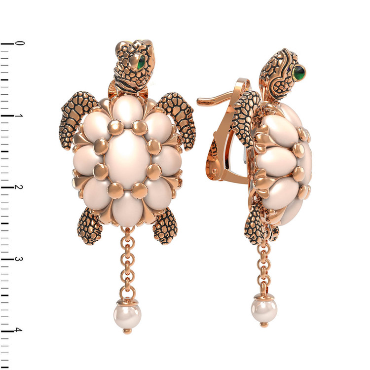 Серьги из золота c эмалью, жемчугом и бивнем мамонта