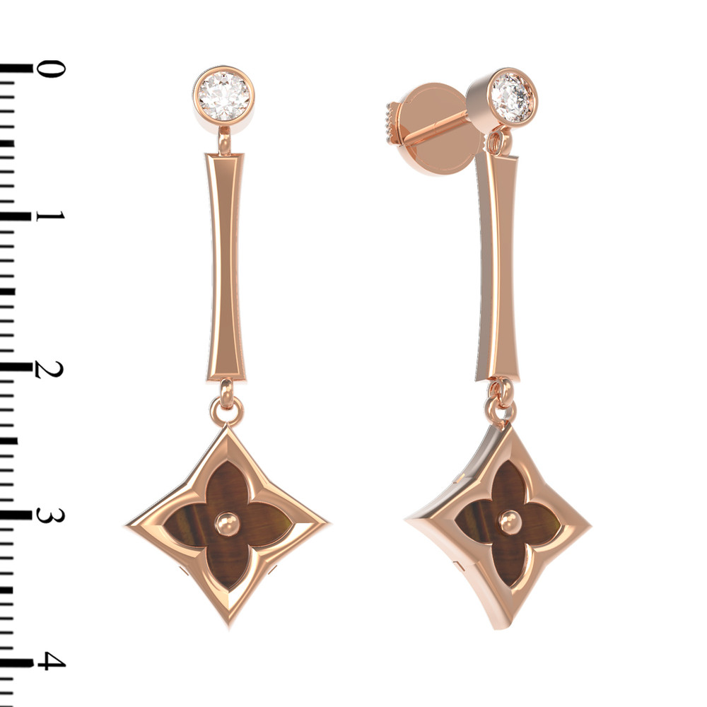 Серьги из золота c фианитом и тигровым глазом