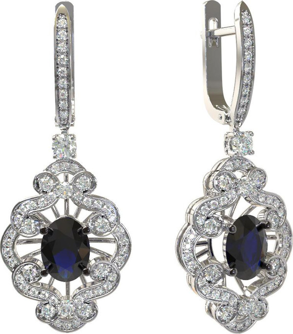 Серьги из белого золота c бриллиантами и сапфиром